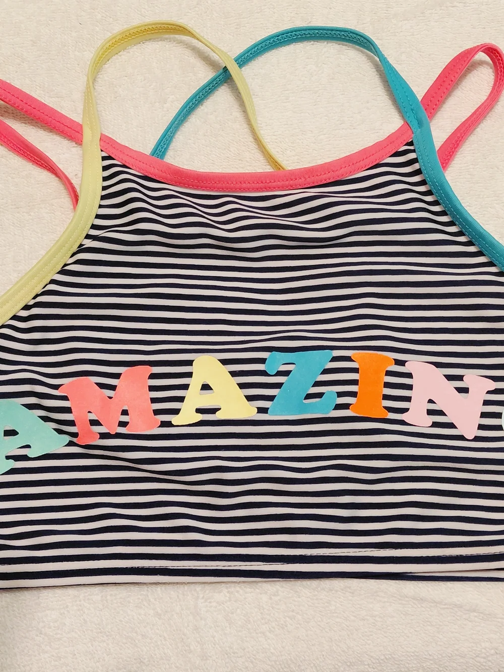 Cat & Jack Navy Striped Bikini with Neon Pink Navy Teal Yellow Trim